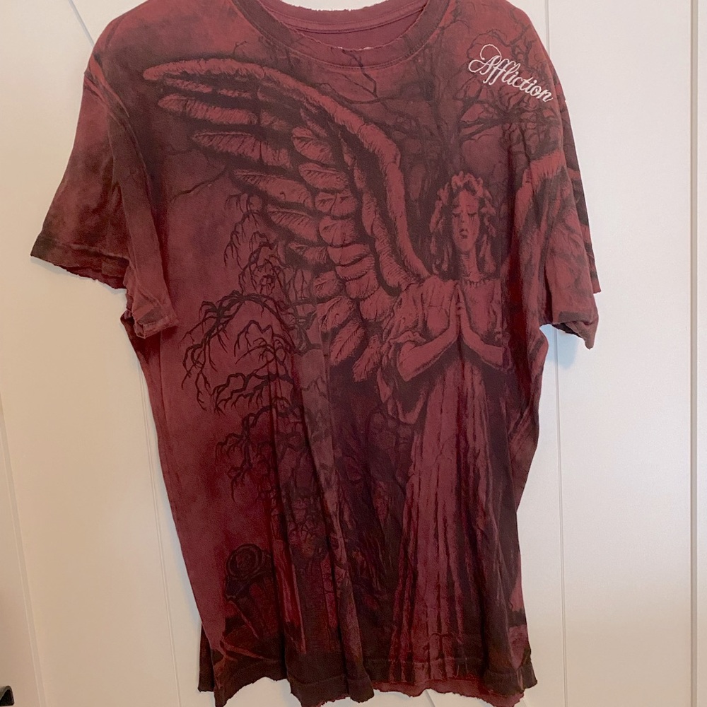 Men's Large Red Distressed Affliction Brand Tee Tshirt with Angel